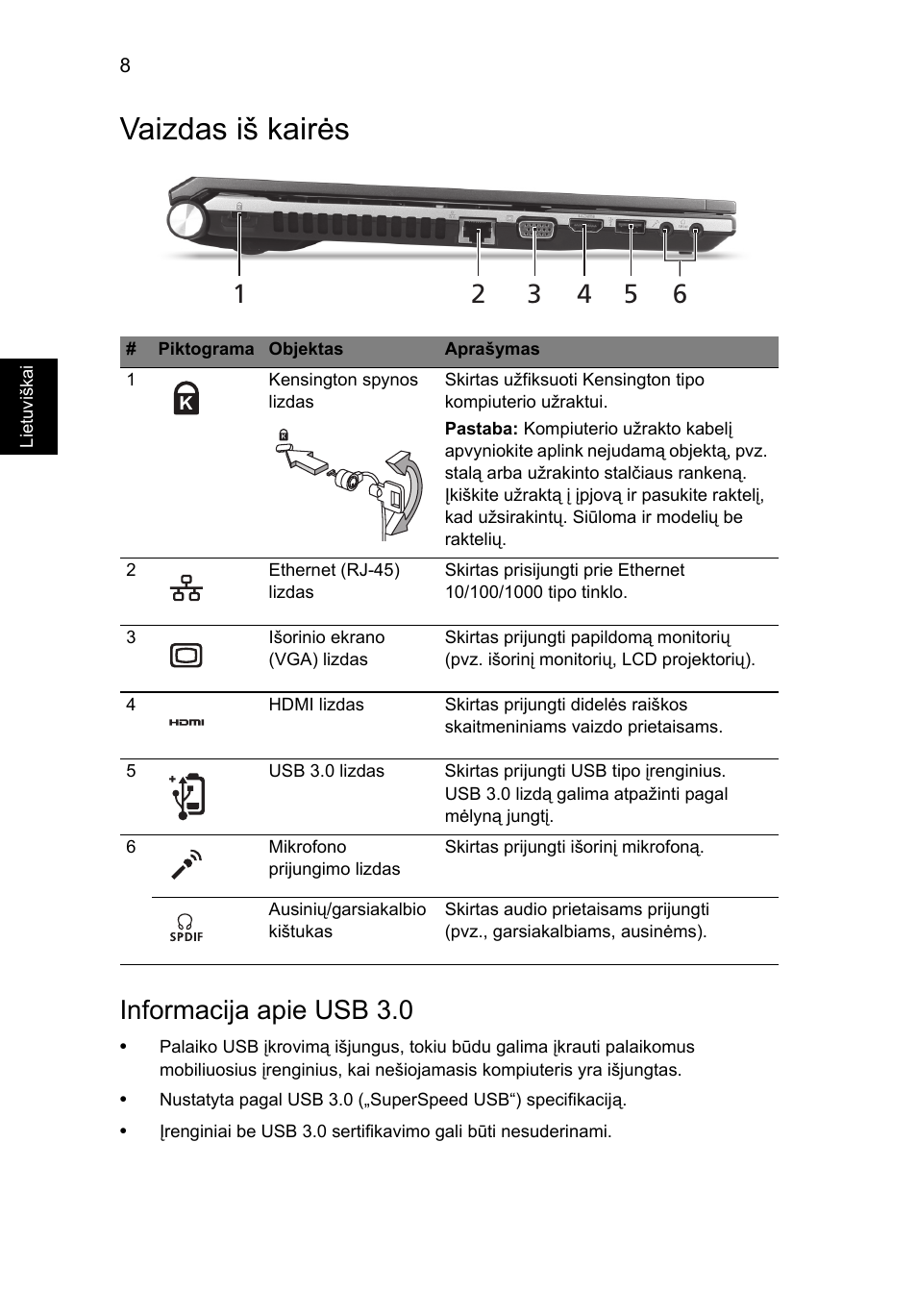 Vaizdas iš kairės, Informacija apie usb 3.0 | Acer Aspire 5830TG User Manual | Page 234 / 316