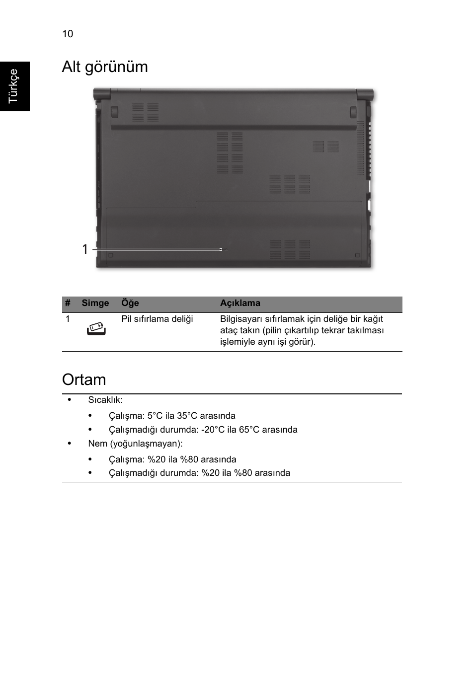 Alt görünüm, Ortam, Alt görünüm ortam | Acer Aspire 5830TG User Manual | Page 256 / 316