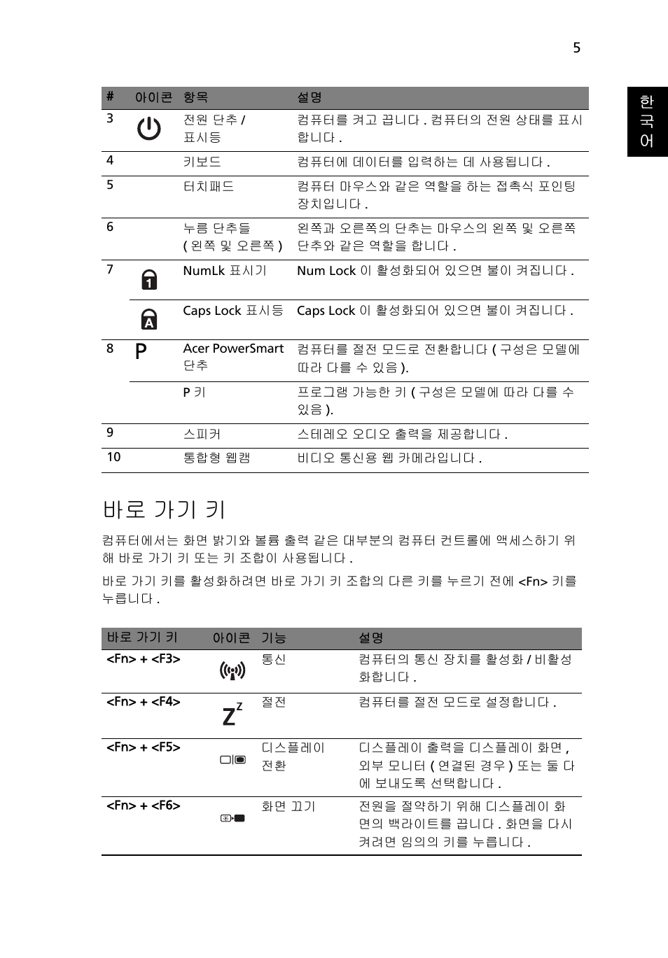 바로 가기 키, 한 국 어 | Acer Aspire 5830TG User Manual | Page 271 / 316