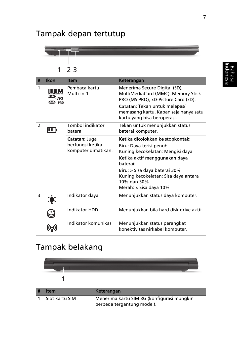 Tampak depan tertutup, Tampak belakang, Tampak depan tertutup tampak belakang | Acer Aspire 5830TG User Manual | Page 303 / 316