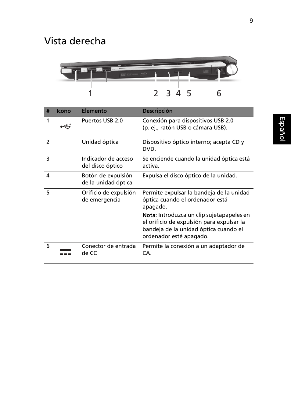 Vista derecha | Acer Aspire 5830TG User Manual | Page 51 / 316