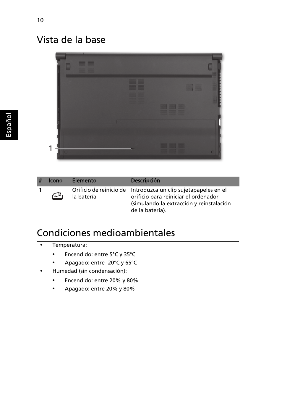 Vista de la base, Condiciones medioambientales, Vista de la base condiciones medioambientales | Acer Aspire 5830TG User Manual | Page 52 / 316