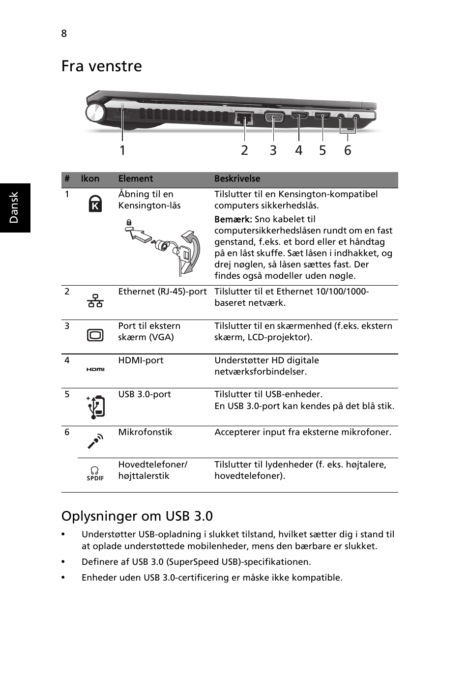 Fra venstre, Oplysninger om usb 3.0 | Acer Aspire 5830TG User Manual | Page 94 / 316