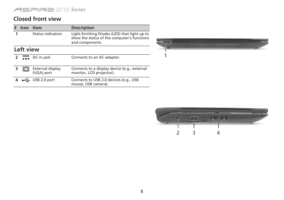Closed front view, Left view | Acer AO533 User Manual | Page 12 / 374