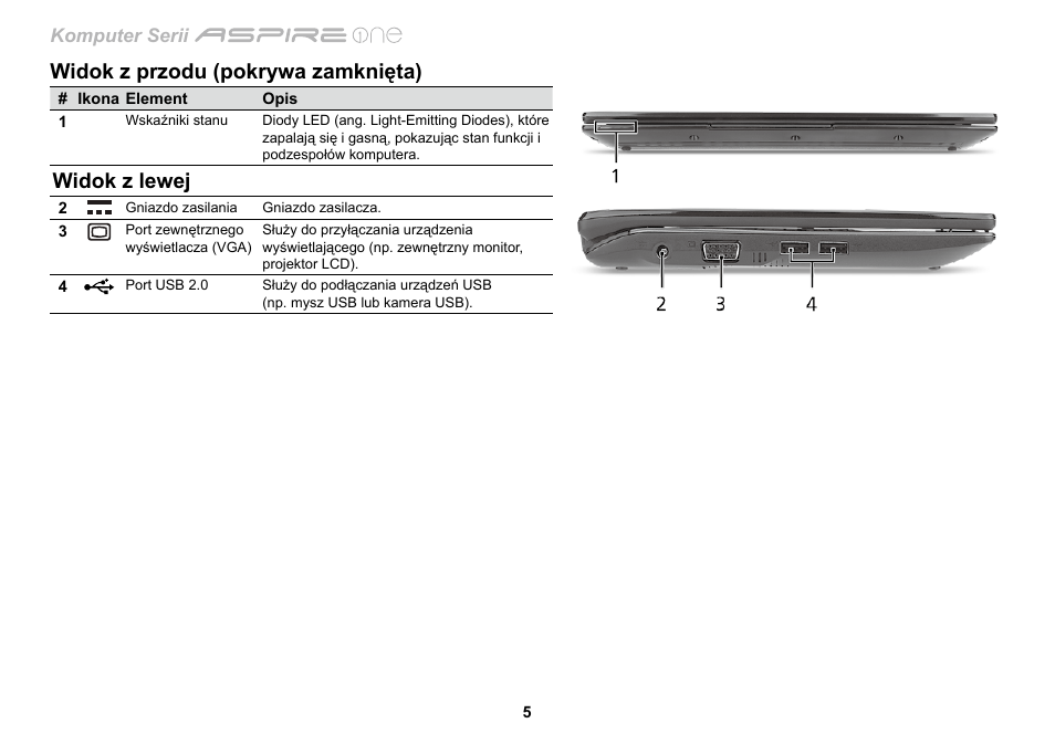 Widok z przodu (pokrywa zamknięta), Widok z lewej | Acer AO533 User Manual | Page 156 / 374