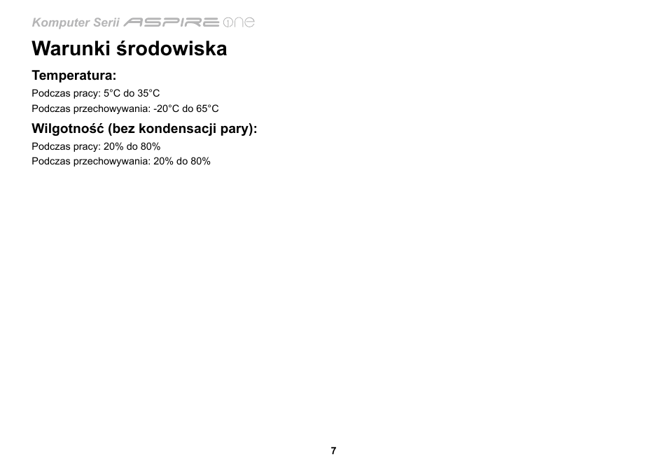 Warunki środowiska | Acer AO533 User Manual | Page 158 / 374
