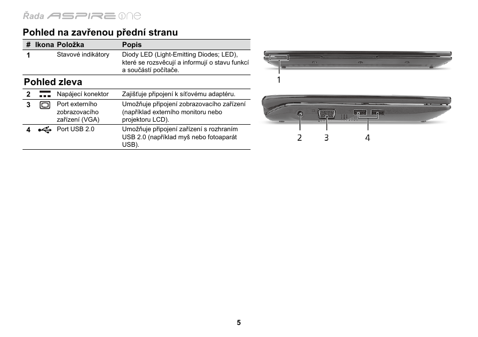 Pohled na zavřenou přední stranu, Pohled zleva | Acer AO533 User Manual | Page 180 / 374