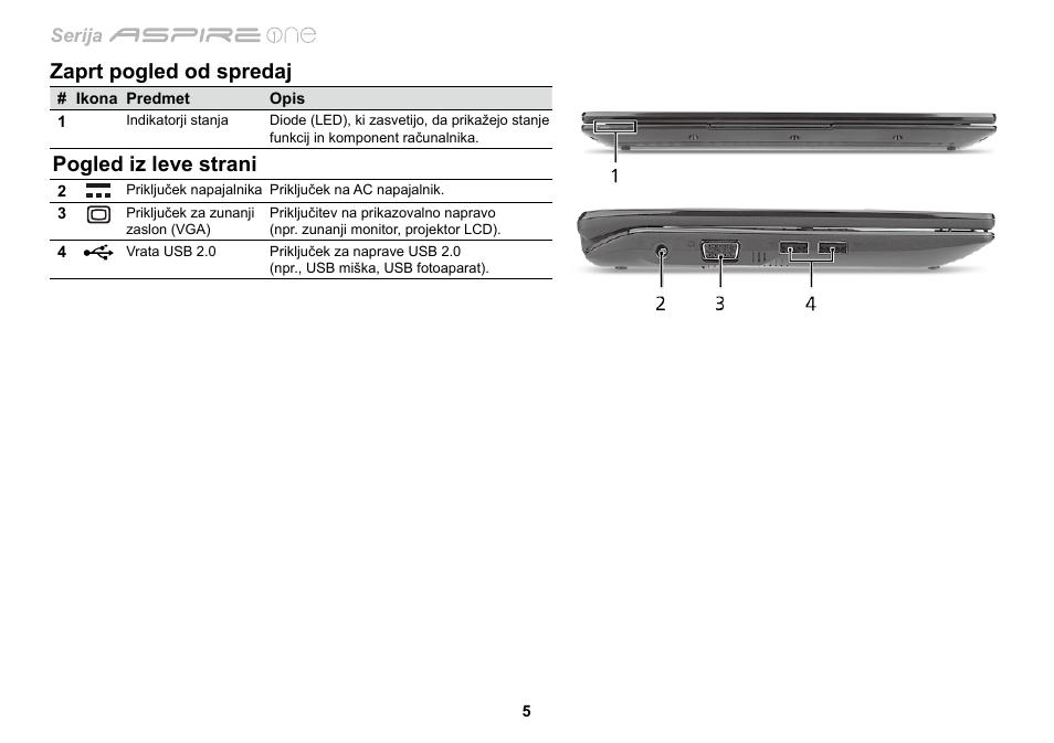 Zaprt pogled od spredaj, Pogled iz leve strani | Acer AO533 User Manual | Page 204 / 374