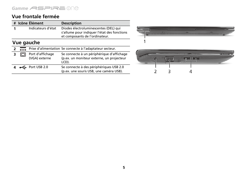 Vue frontale fermée, Vue gauche | Acer AO533 User Manual | Page 24 / 374