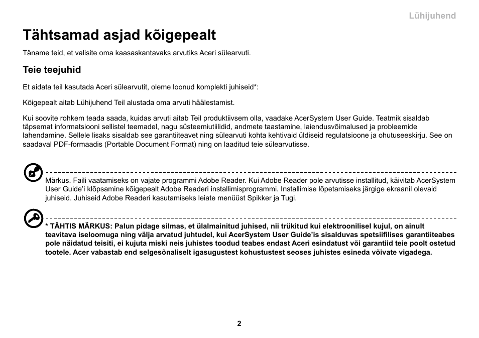 Tähtsamad asjad kõigepealt | Acer AO533 User Manual | Page 249 / 374
