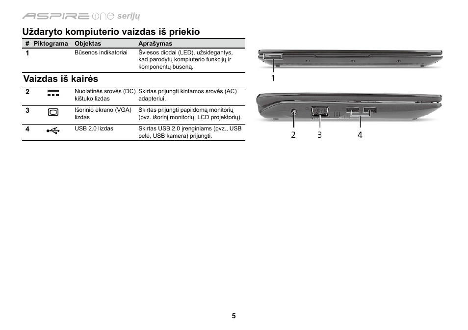 Uždaryto kompiuterio vaizdas iš priekio, Vaizdas iš kairės, Serijų | Acer AO533 User Manual | Page 276 / 374
