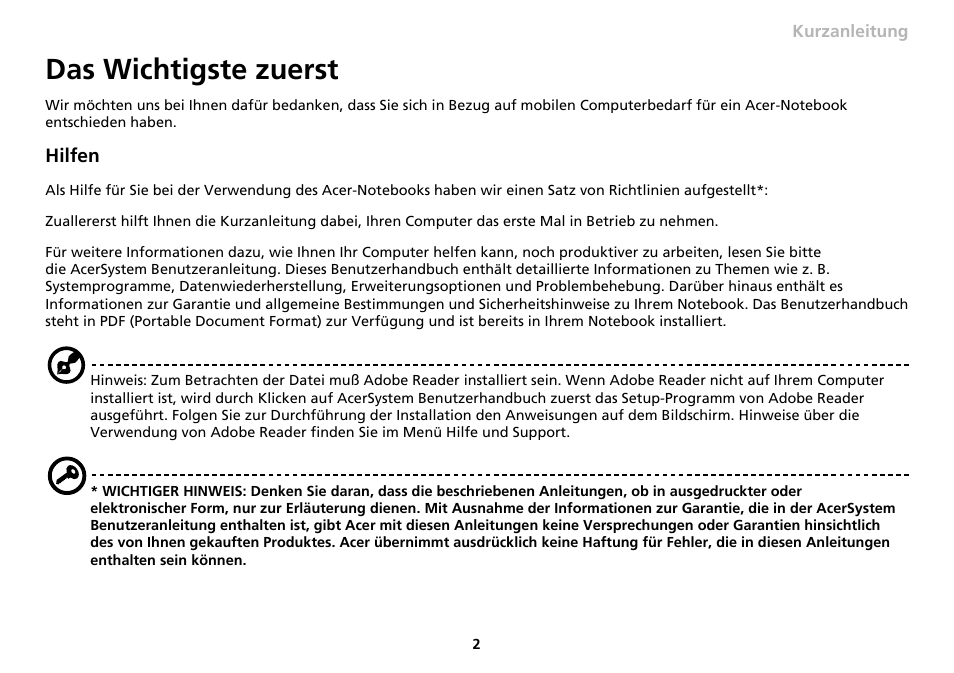 Das wichtigste zuerst | Acer AO533 User Manual | Page 33 / 374