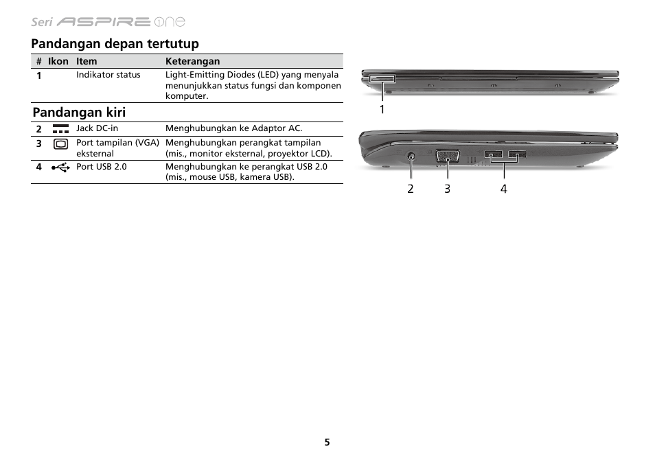 Pandangan depan tertutup, Pandangan kiri | Acer AO533 User Manual | Page 360 / 374
