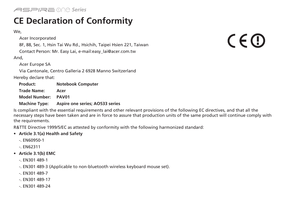 Ce declaration of conformity | Acer AO533 User Manual | Page 6 / 374
