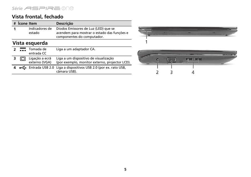 Vista frontal, fechado, Vista esquerda | Acer AO533 User Manual | Page 72 / 374