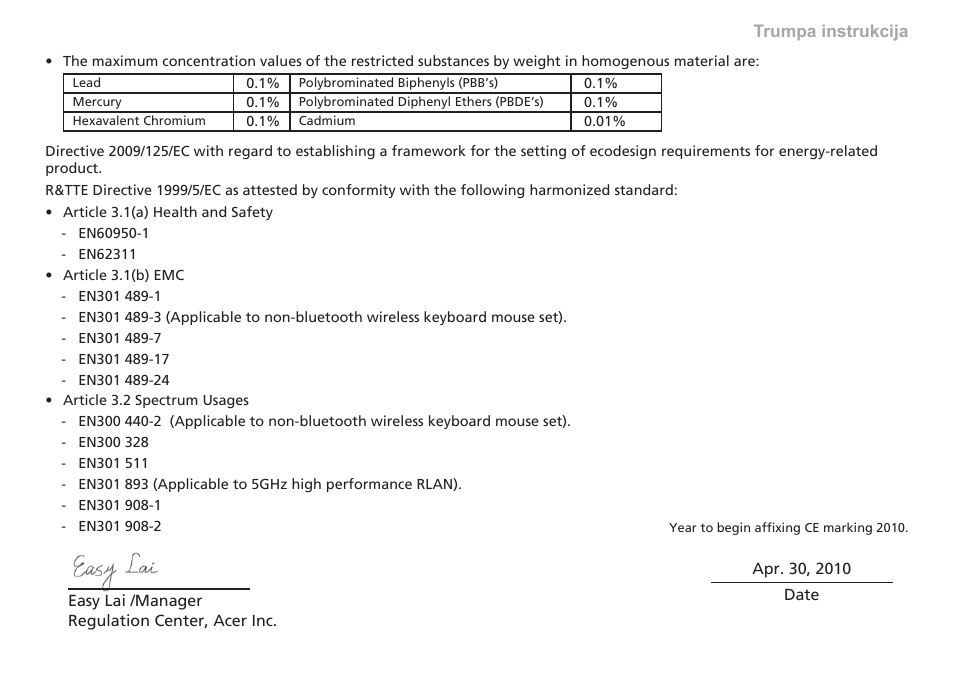 Ce declaration of conformity | Acer Aspire 1830Z User Manual | Page 271 / 374