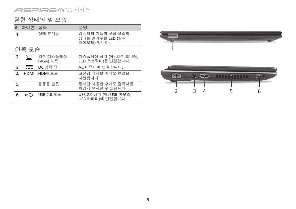 닫힌 상태의 앞 모습, 왼쪽 모습 | Acer Aspire 1830Z User Manual | Page 324 / 374