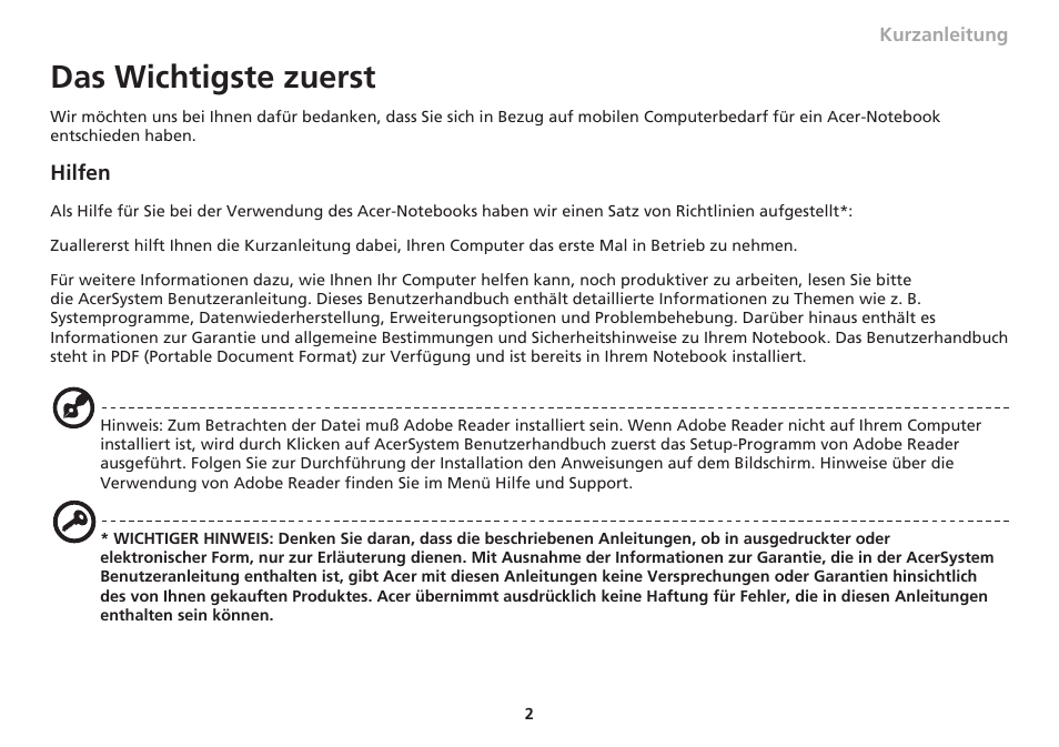 Das wichtigste zuerst | Acer Aspire 1830Z User Manual | Page 33 / 374