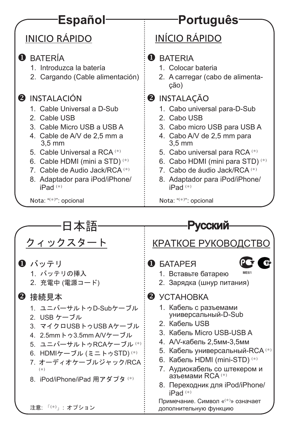 Español, Português, Русский | クィックスタート, Inicio rápido, Краткое руководство, Início rápido | Acer C20 User Manual | Page 3 / 5