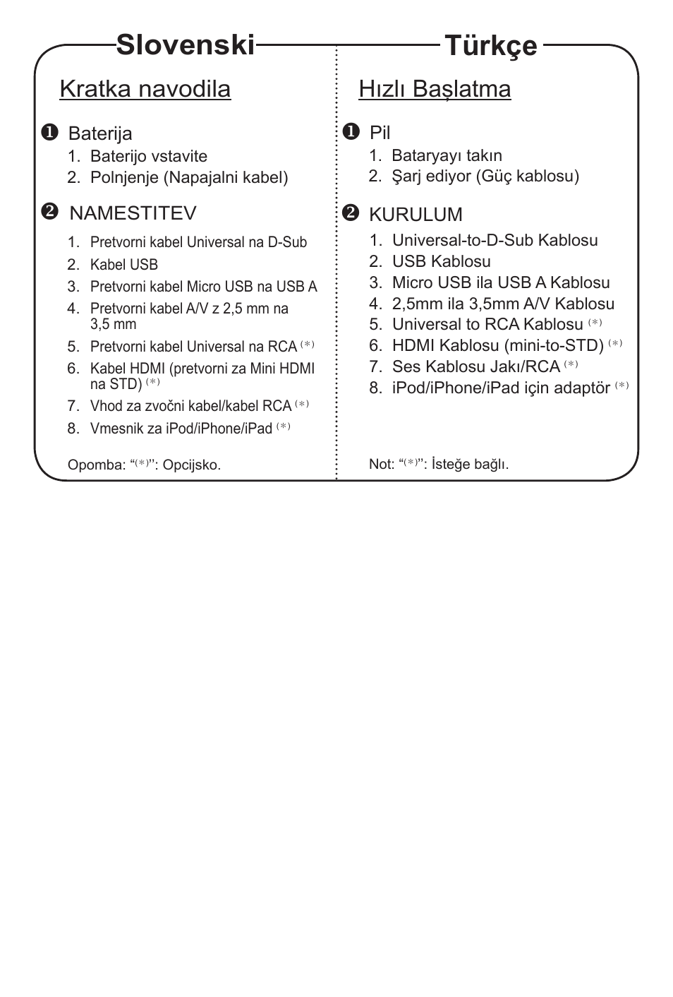 Slovenski, Türkçe, Kratka navodila | Hızlı başlatma | Acer C20 User Manual | Page 5 / 5