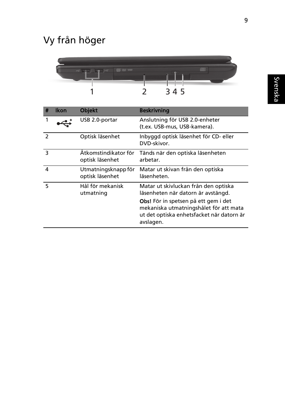 Vy från höger | Acer Aspire 4552G User Manual | Page 103 / 314