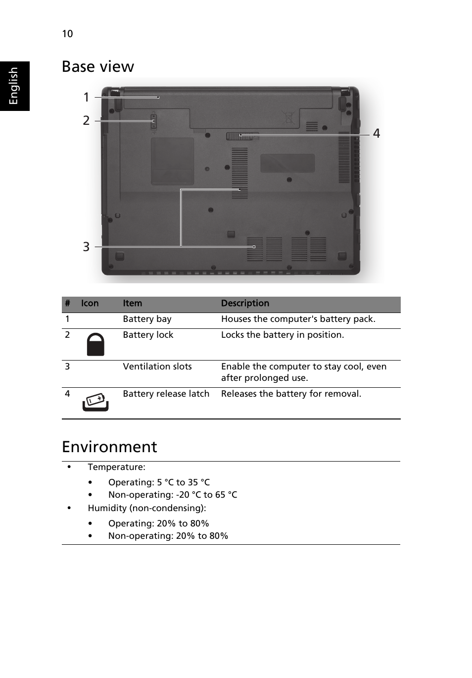 Base view, Environment | Acer Aspire 4552G User Manual | Page 12 / 314