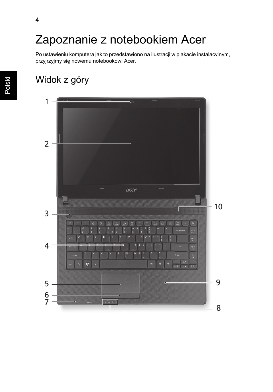 Zapoznanie z notebookiem acer, Widok z góry | Acer Aspire 4552G User Manual | Page 128 / 314