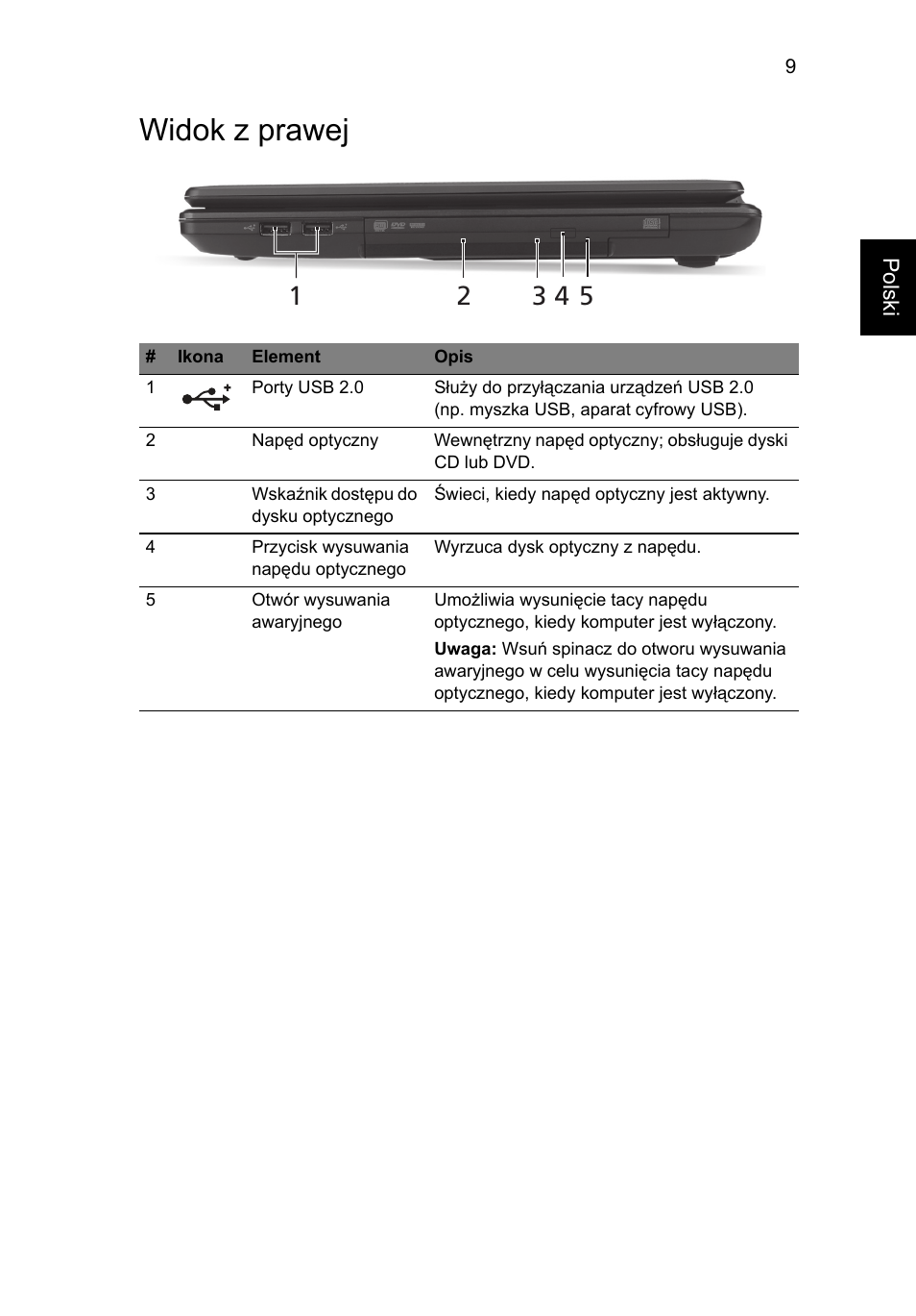 Widok z prawej | Acer Aspire 4552G User Manual | Page 133 / 314