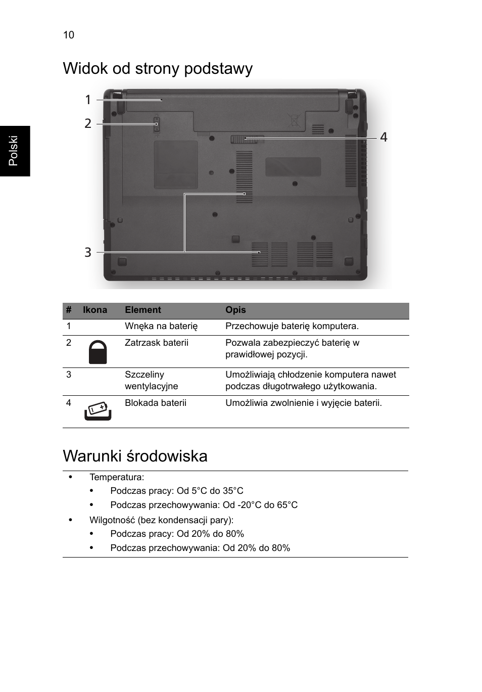 Widok od strony podstawy, Warunki środowiska, Widok od strony podstawy warunki środowiska | Acer Aspire 4552G User Manual | Page 134 / 314