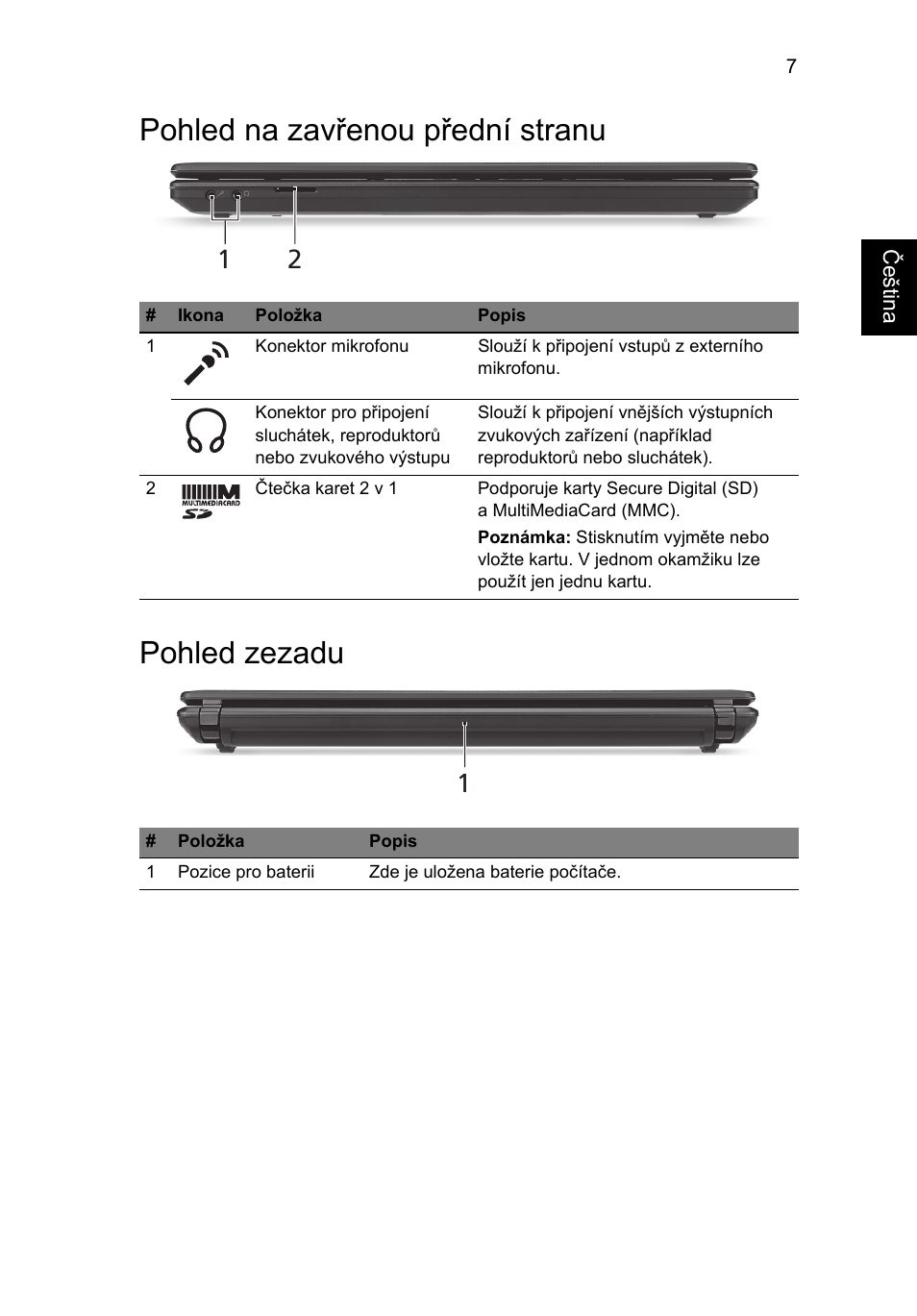 Pohled na zavřenou přední stranu, Pohled zezadu, Pohled na zavřenou přední stranu pohled zezadu | Acer Aspire 4552G User Manual | Page 151 / 314
