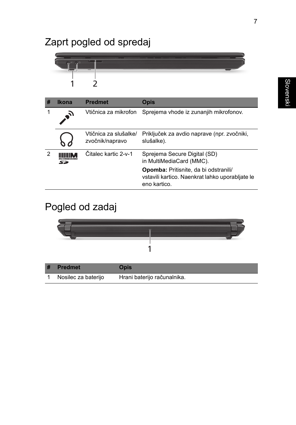 Zaprt pogled od spredaj, Pogled od zadaj, Zaprt pogled od spredaj pogled od zadaj | Acer Aspire 4552G User Manual | Page 171 / 314