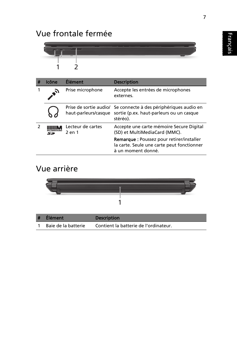 Vue frontale fermée, Vue arrière, Vue frontale fermée vue arrière | Français | Acer Aspire 4552G User Manual | Page 19 / 314