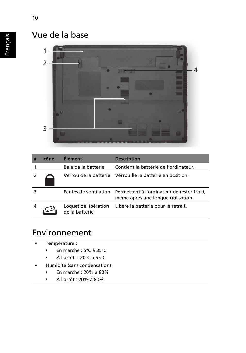 Vue de la base, Environnement, Vue de la base environnement | Acer Aspire 4552G User Manual | Page 22 / 314