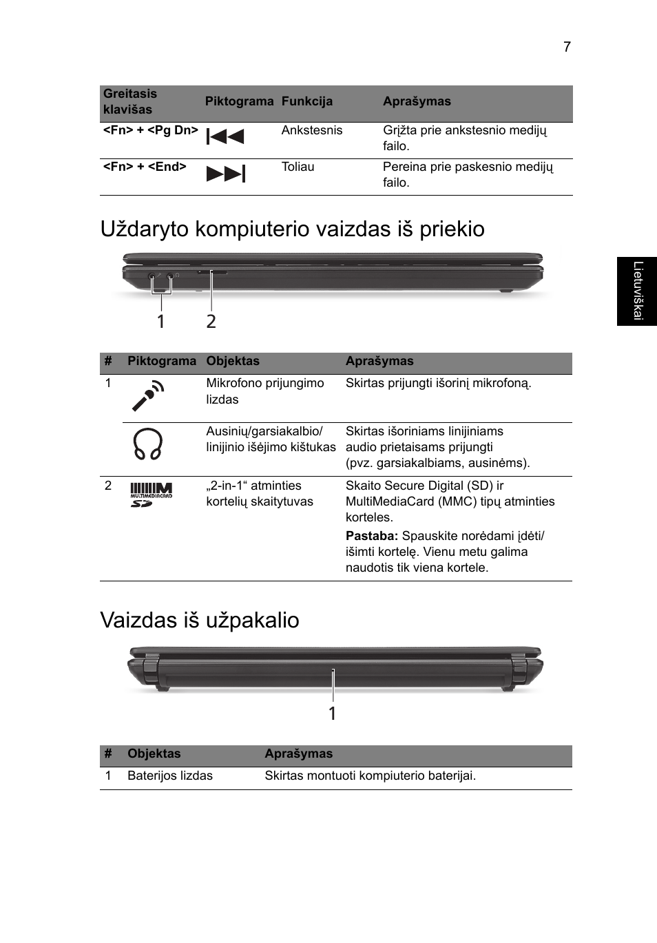 Uždaryto kompiuterio vaizdas iš priekio, Vaizdas iš užpakalio | Acer Aspire 4552G User Manual | Page 231 / 314