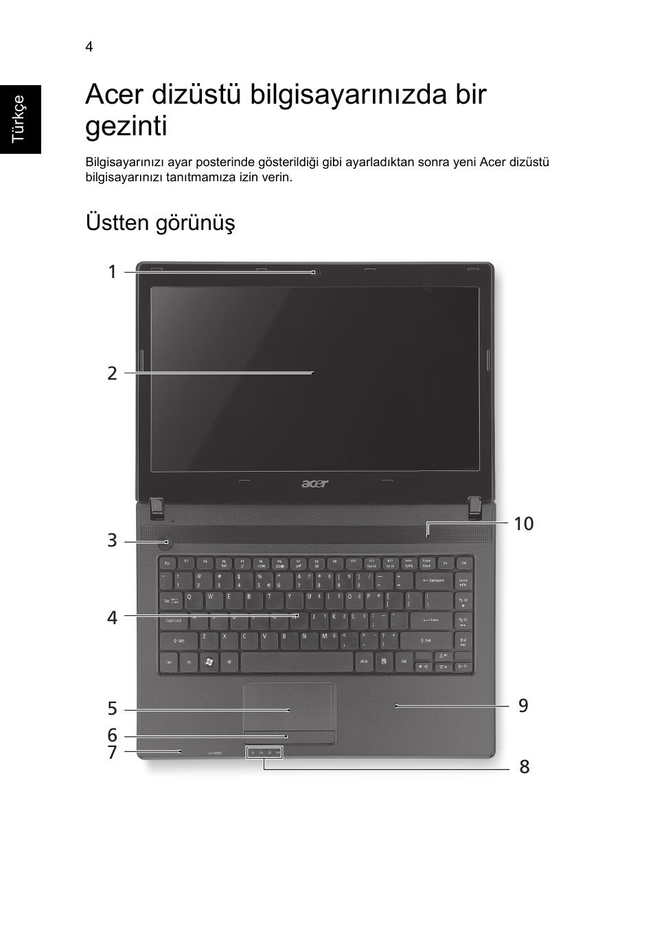 Acer dizüstü bilgisayarınızda bir gezinti, Üstten görünüş | Acer Aspire 4552G User Manual | Page 248 / 314