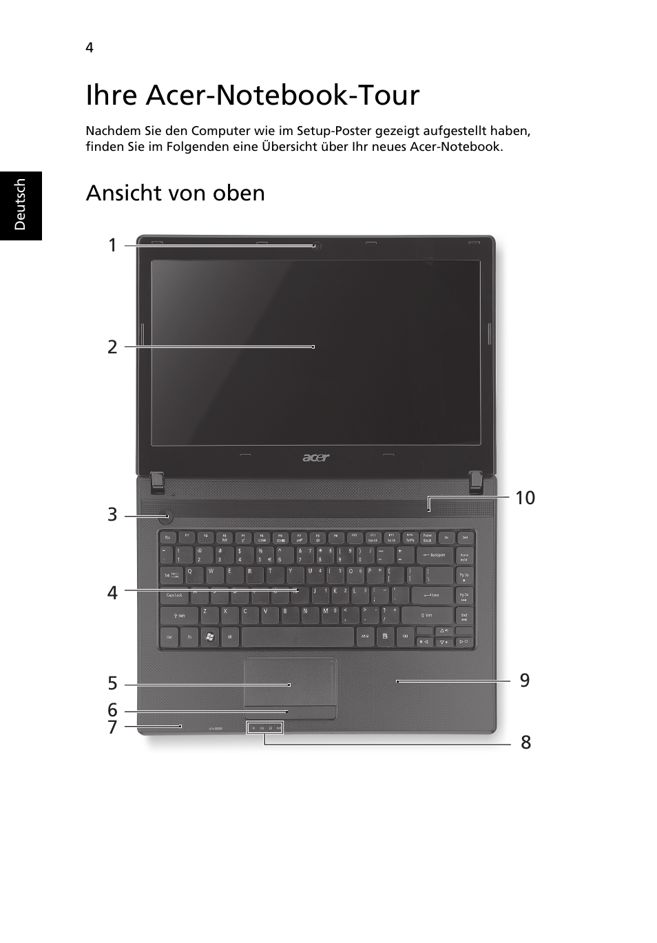 Ihre acer-notebook-tour, Ansicht von oben | Acer Aspire 4552G User Manual | Page 26 / 314