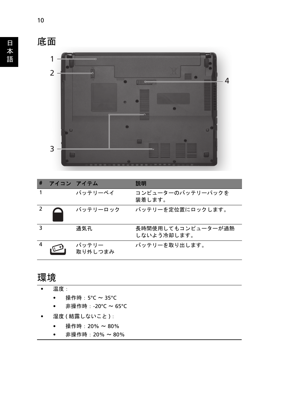 底面 環境 | Acer Aspire 4552G User Manual | Page 264 / 314