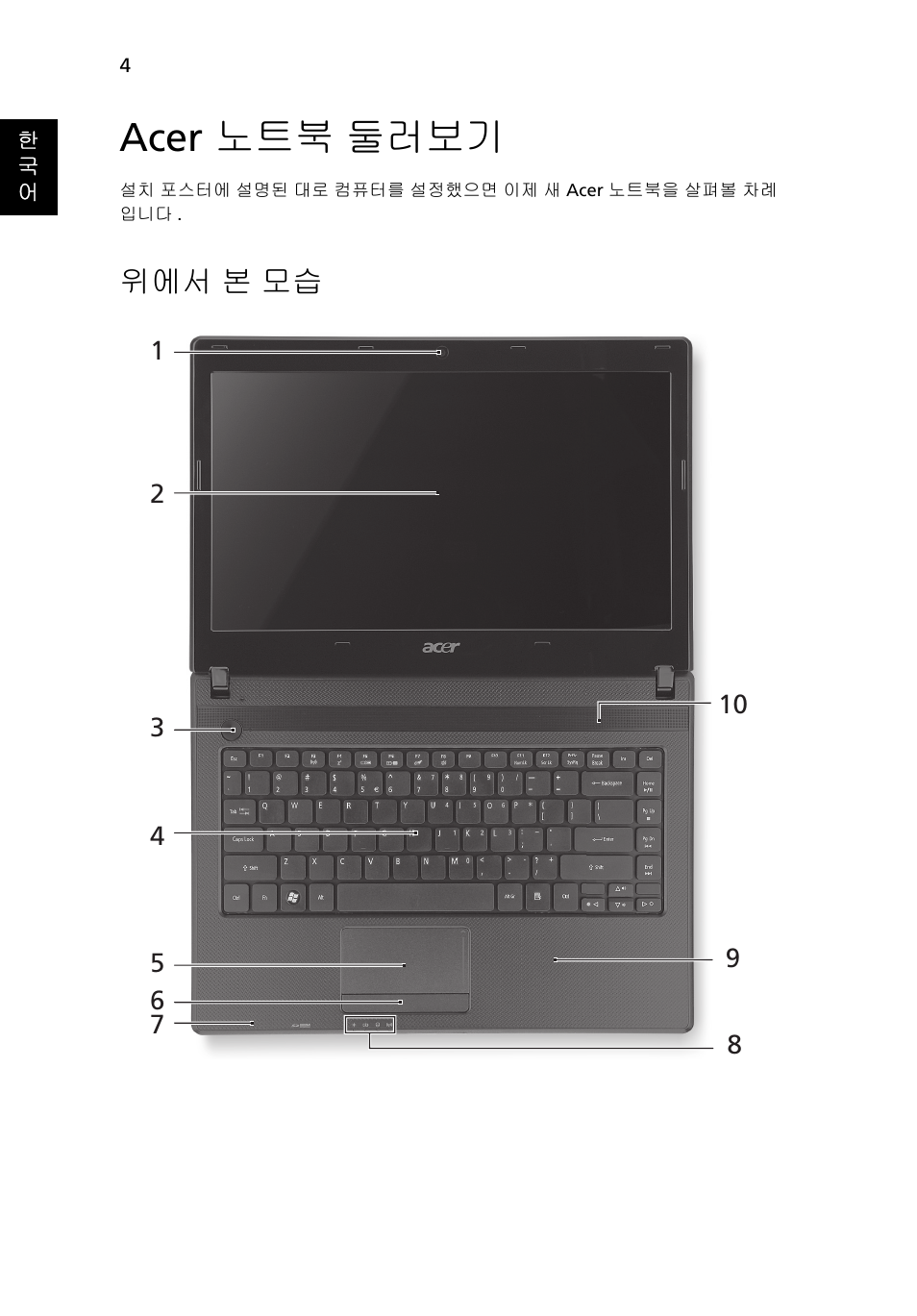 Acer 노트북 둘러보기, 위에서 본 모습 | Acer Aspire 4552G User Manual | Page 268 / 314