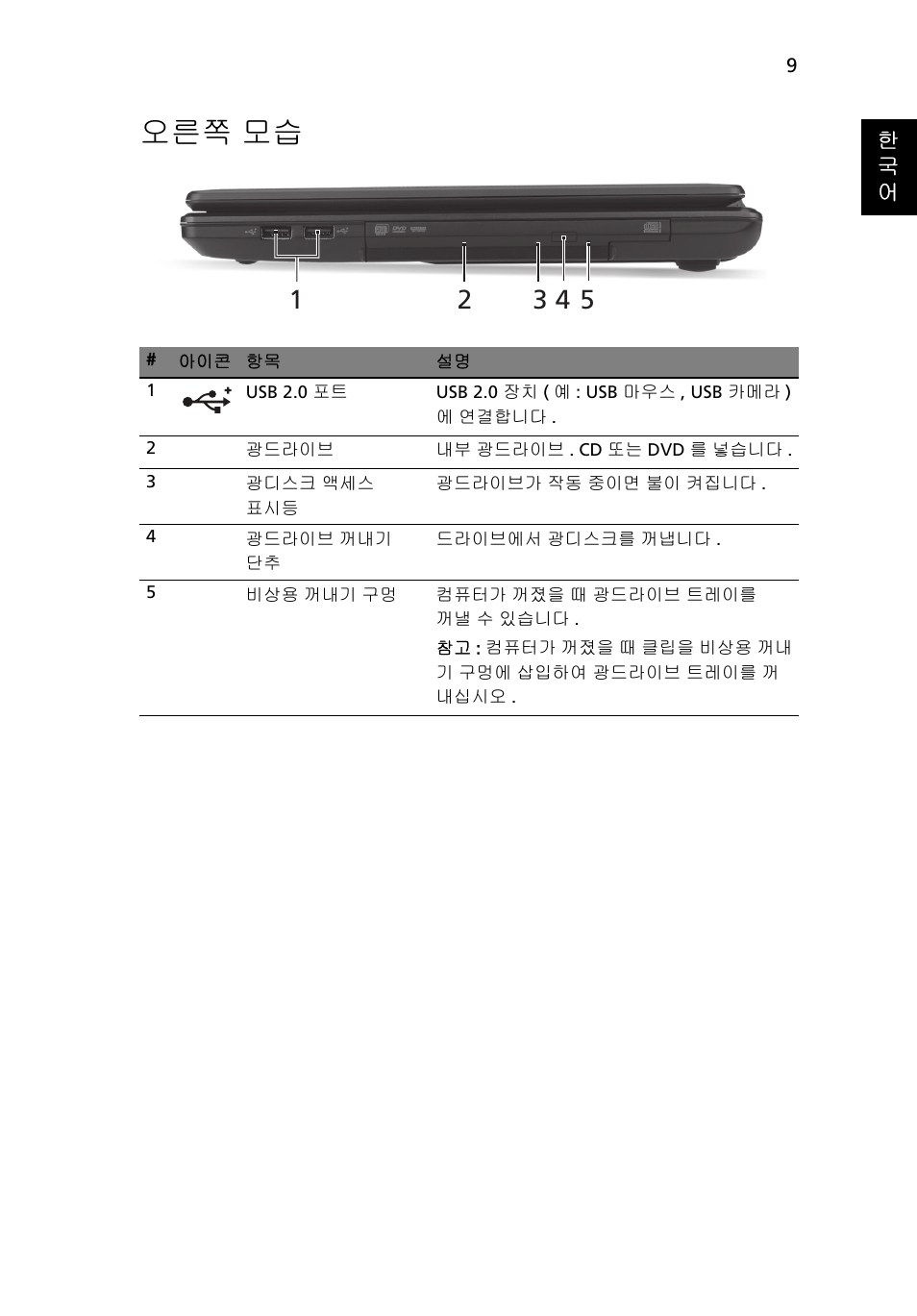 오른쪽 모습 | Acer Aspire 4552G User Manual | Page 273 / 314