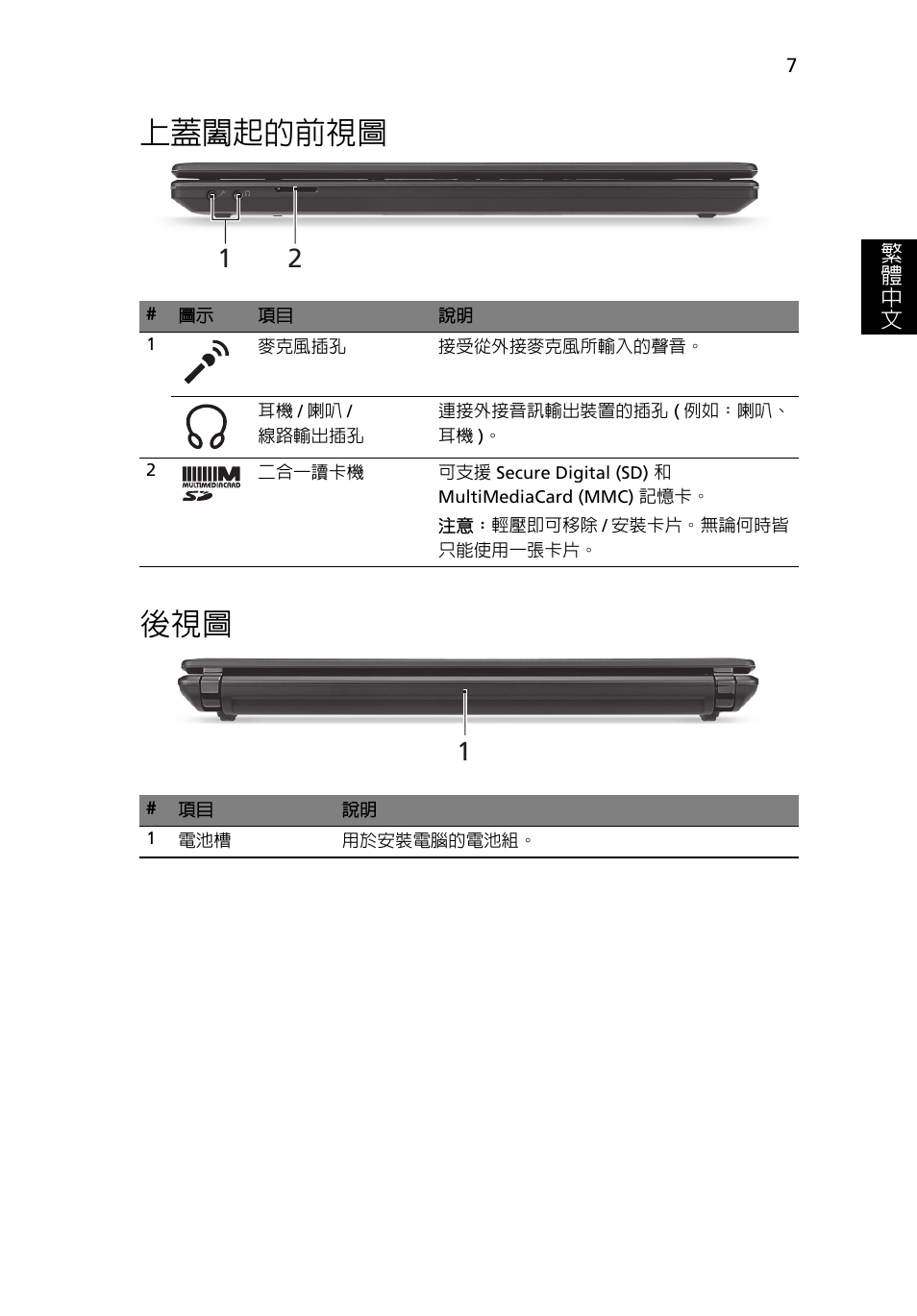 上蓋闔起的前視圖, 上蓋闔起的前視圖 後視圖 | Acer Aspire 4552G User Manual | Page 281 / 314