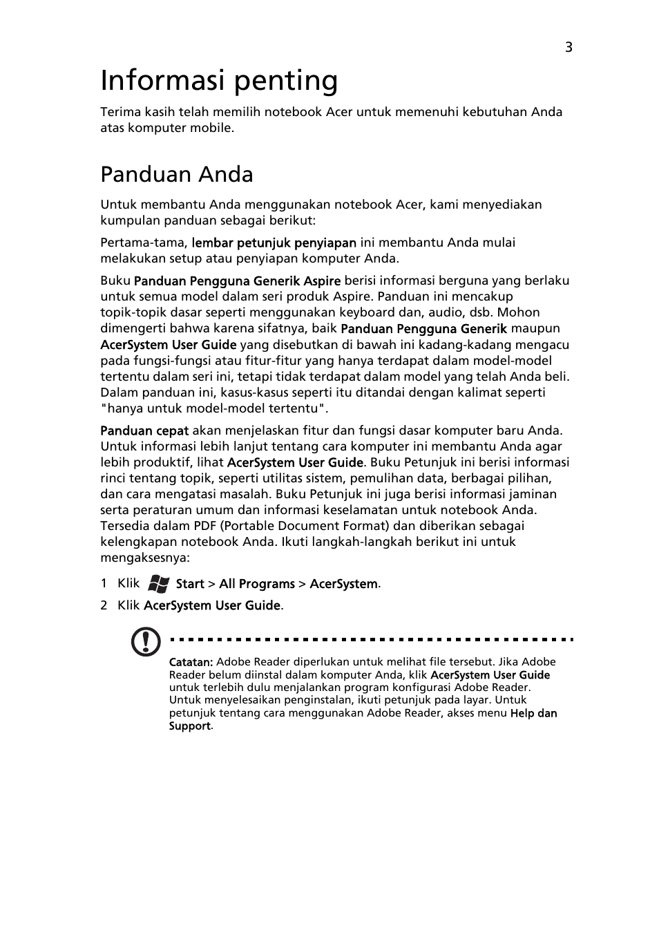 Informasi penting, Panduan anda | Acer Aspire 4552G User Manual | Page 297 / 314