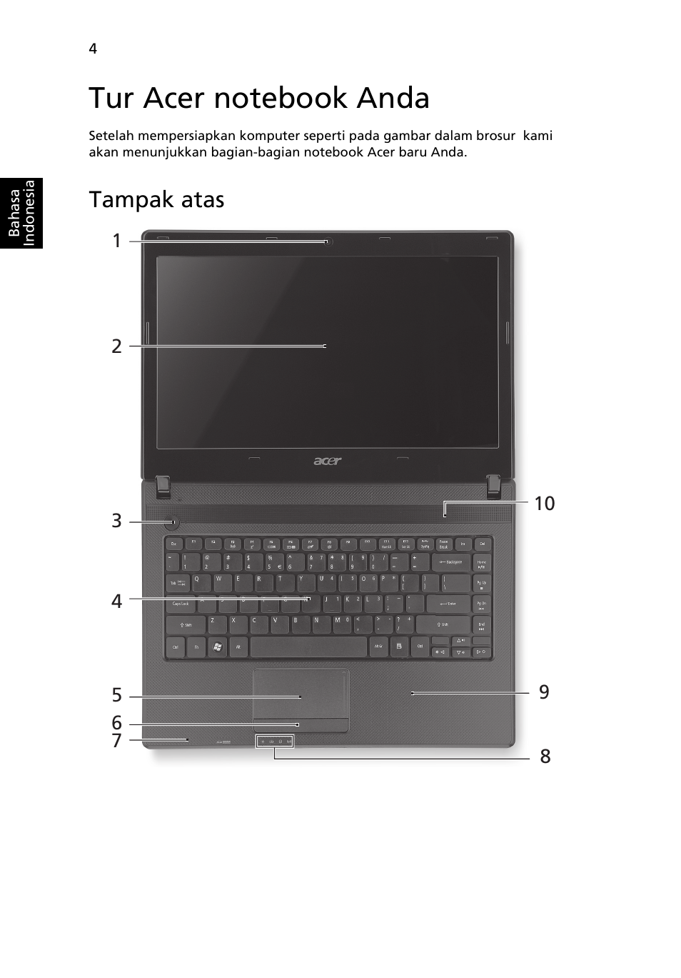 Tur acer notebook anda, Tampak atas | Acer Aspire 4552G User Manual | Page 298 / 314