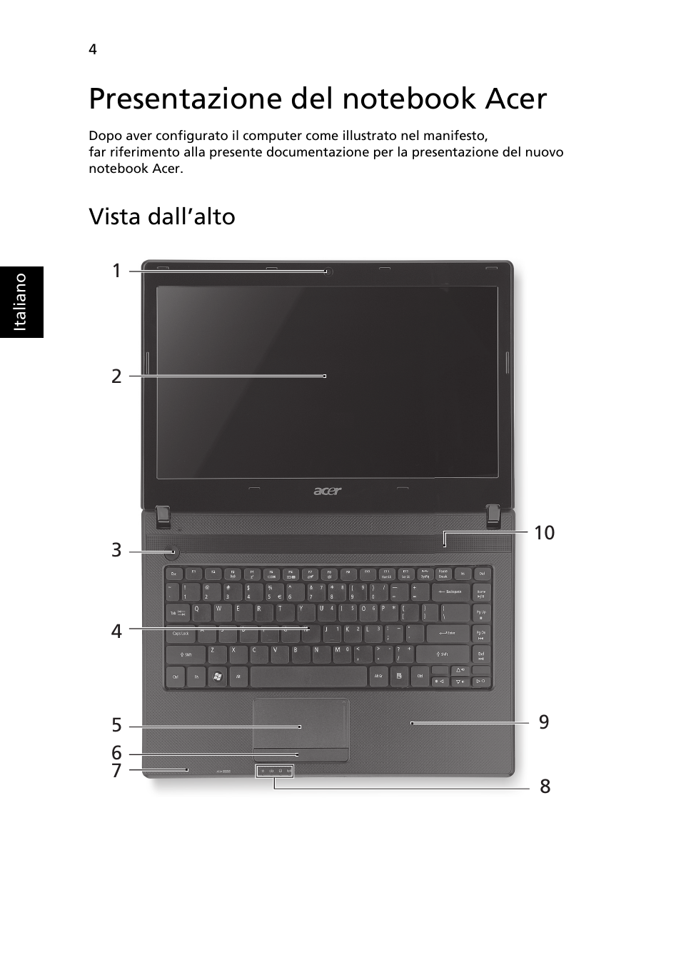 Presentazione del notebook acer, Vista dall’alto | Acer Aspire 4552G User Manual | Page 36 / 314