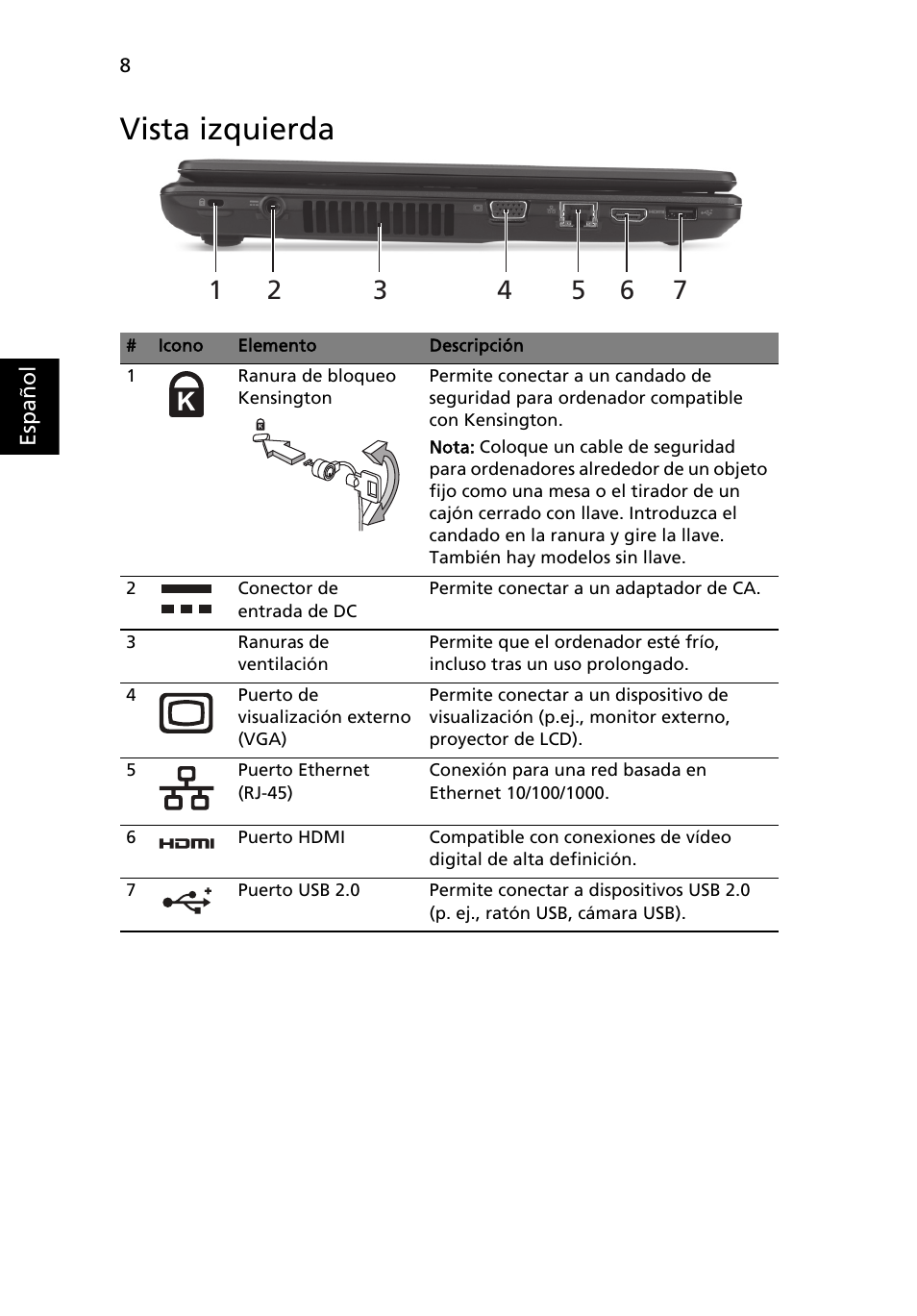 Vista izquierda | Acer Aspire 4552G User Manual | Page 50 / 314