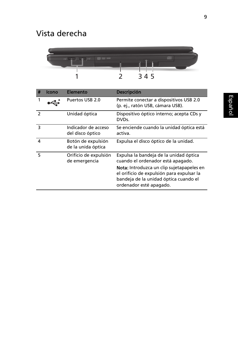 Vista derecha | Acer Aspire 4552G User Manual | Page 51 / 314