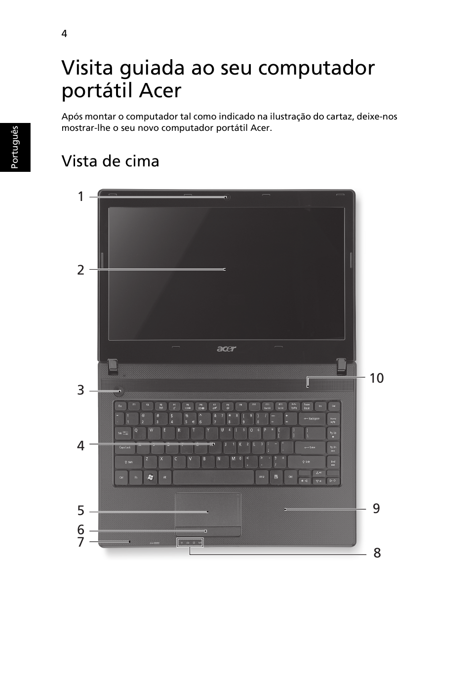 Visita guiada ao seu computador portátil acer, Vista de cima | Acer Aspire 4552G User Manual | Page 58 / 314