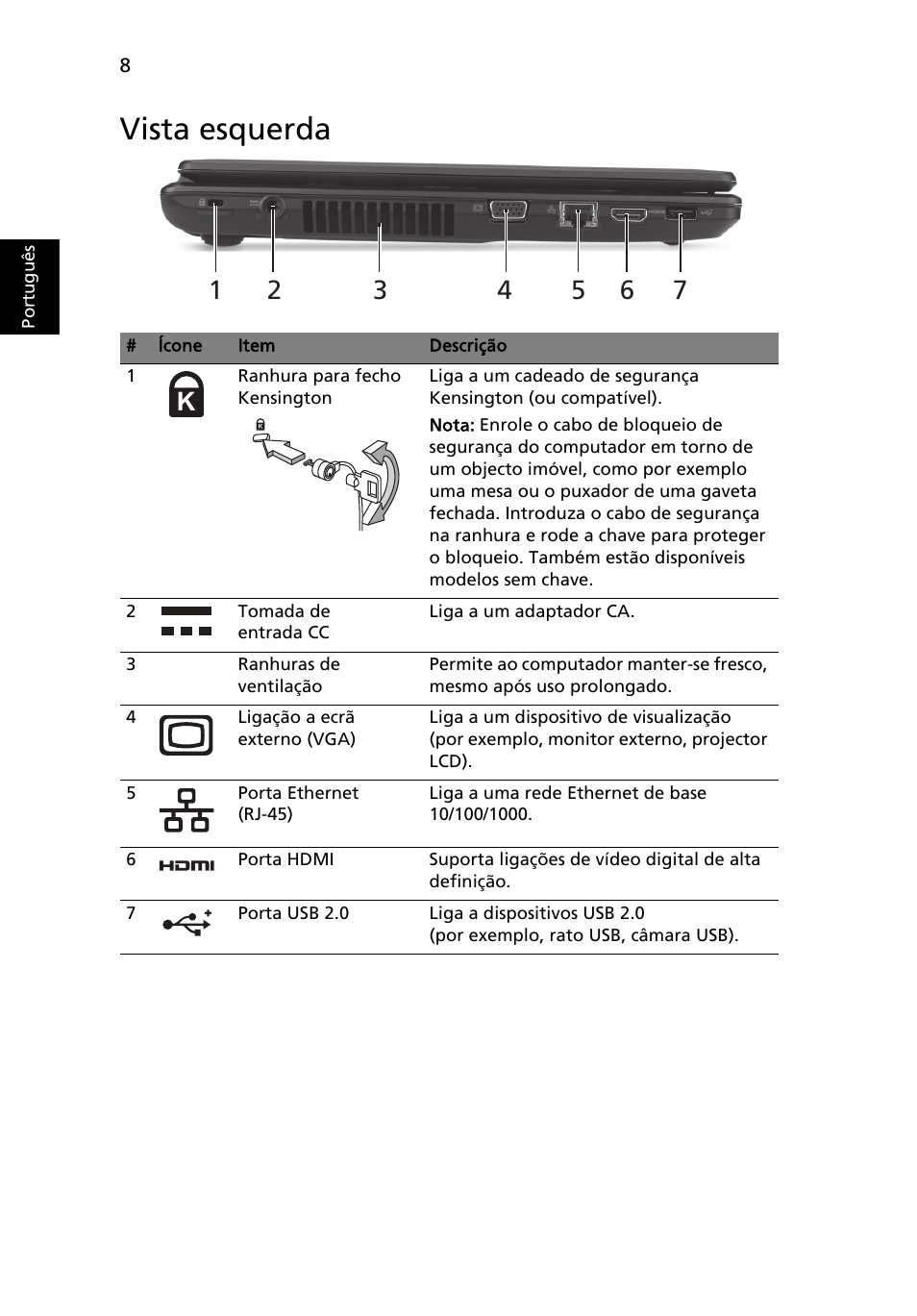 Vista esquerda | Acer Aspire 4552G User Manual | Page 62 / 314
