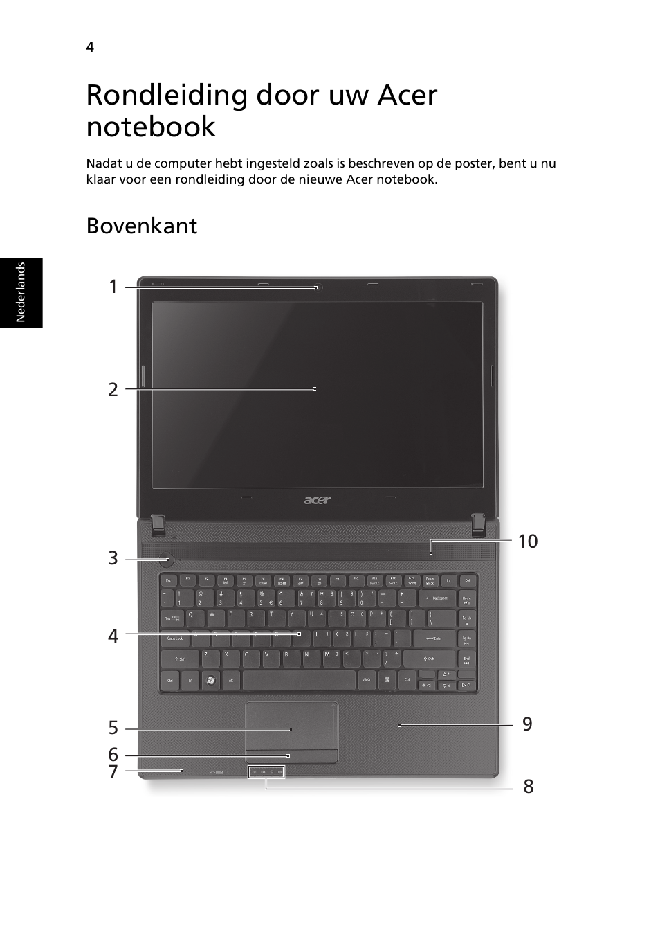 Rondleiding door uw acer notebook, Bovenkant | Acer Aspire 4552G User Manual | Page 68 / 314