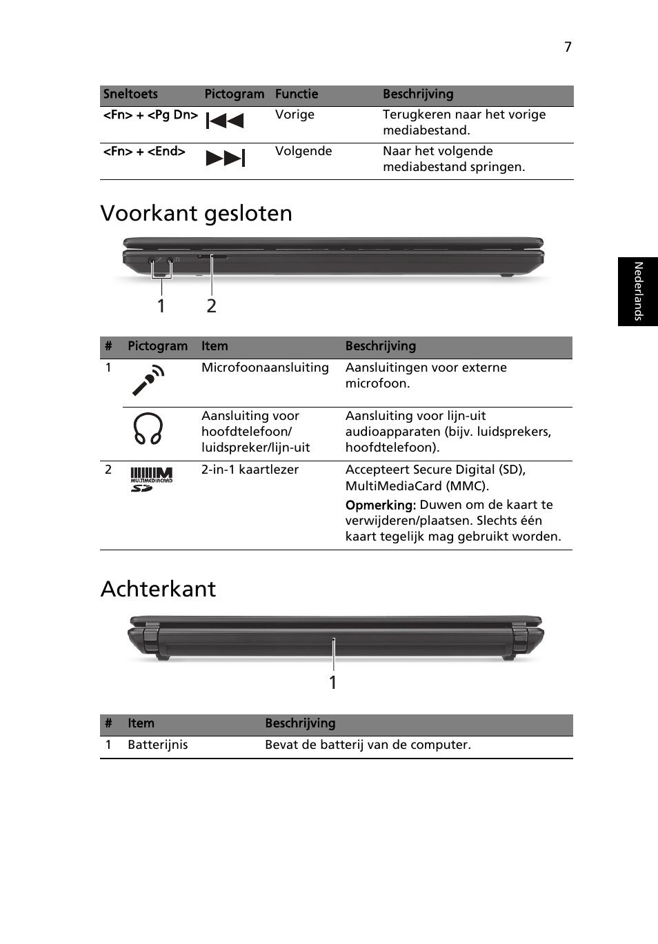Voorkant gesloten, Achterkant, Voorkant gesloten achterkant | Acer Aspire 4552G User Manual | Page 71 / 314