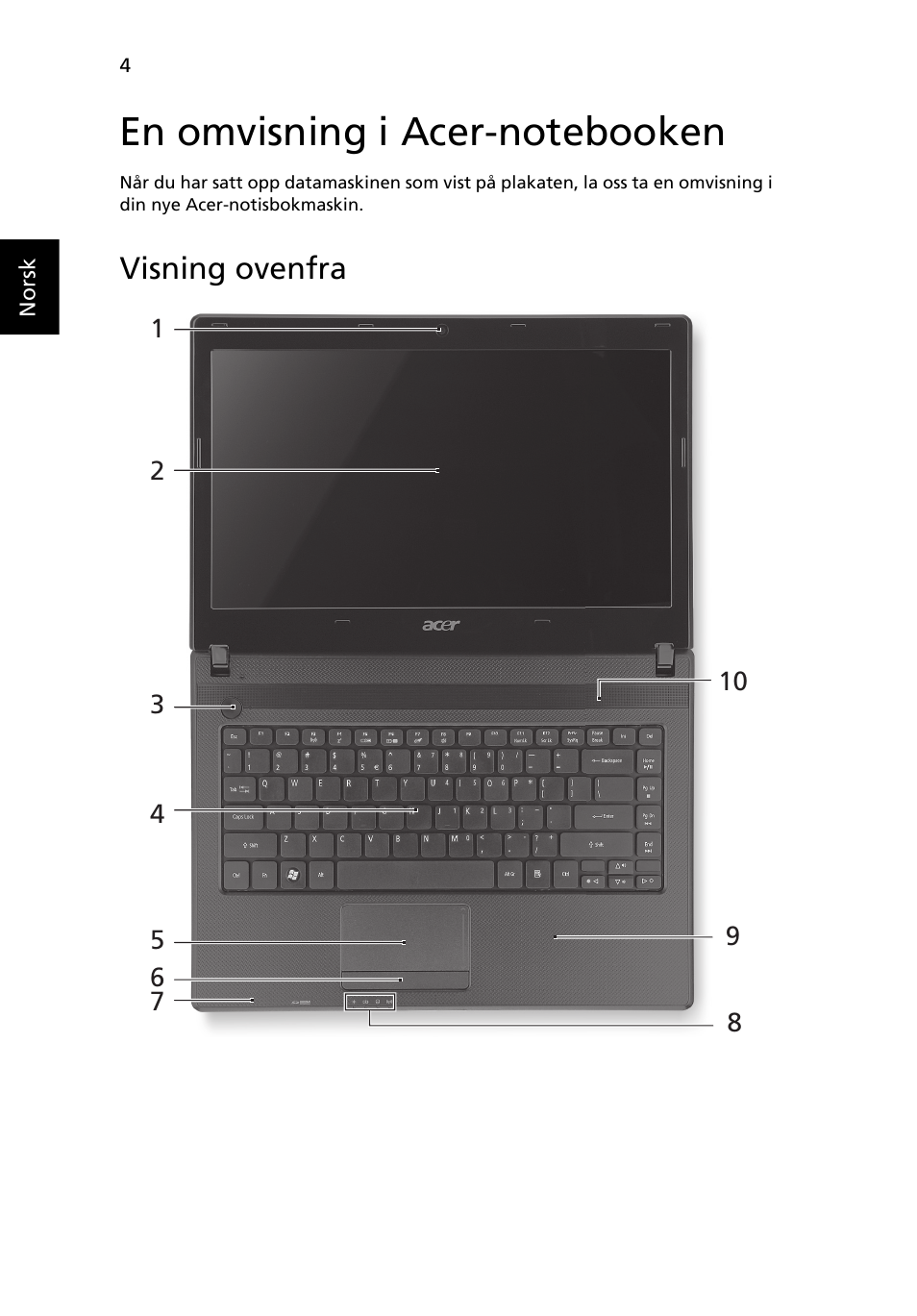 En omvisning i acer-notebooken, Visning ovenfra | Acer Aspire 4552G User Manual | Page 78 / 314